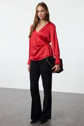 Dark Red Satin Double Breasted Woven Blouse