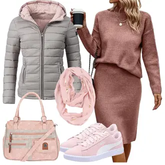 Zweiteilige Hochzeitsgast Outfit mit Braun/Lila/Rosa Langes Strickkleid/Herbstkleid/Langärmliges Winterkleid/Winter Strickkleid shownicer "Perfekt für den Herbst"