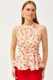 Women's Beige Coral Halter Neck Waist Detailed Crepe Blouse