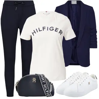ohne Verschluss Outfit mit Dunkelblau 3/4 Bluse/Bluse Oberteil/Bluse mit Stehkragen/Bluse Mit Schleife/Business Bluse/Elegante Bluse/Lederjacke/Longbluse/Langarmbluse/Tunika Pieces "Stylisches Outfit für den Frühling"