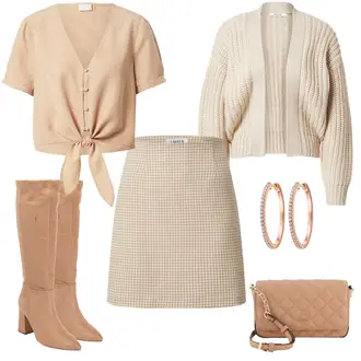 Outfit mit Beige/Braun/Khaki Minirock/60er Jahre Rock/70er Minirock/Hahnentritt Rock/Moderne Rock/Karierter Rock/Tweed Rock/Unisex Rock/Woll Rock Edited "Beiger Retrolook"