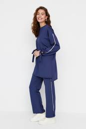 Navy Blue Sleeve Detailed Striped Scuba Knitted Tracksuit Set