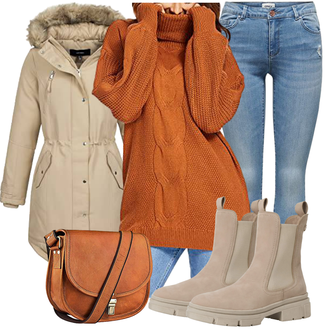 Echtleder Outfit mit Beige/Braun/Khaki GummiStiefelette/Lederjacke/Chelsea Boot Tamaris "Bequemes Winter Outfit"