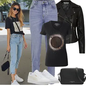 Kombinacije s boyfriend trapericama Stil Ljeto sa Svjetloplava Mom Jean/Vintage traperice/Sužene Traperice/Dad Traperice/Muška Kožna Jakna/Boyfriend Jeans/Skraćene Traperice/High Waist Traperice/Girlfriend Traperice/Slip-on Traperice Pieces "Proljetni Outfit"Look: Stil, Rap, cool, 90-ich, Old Money, Ležerno, Prekrasan
