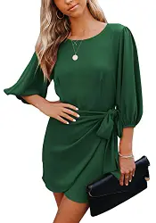 Damen Casual Chiffon Kleid MiniKleid 3/4 Ärmel Rundhals Elegant Sommerkleid Strandkleider A-Linie Freizeitkleid Cocktailkleid (Grün, S)