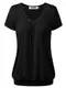 DJT Damen Basic V-Ausschnitt Kurzarm T-Shirt Falten Tops mit Knopf Schwarz M