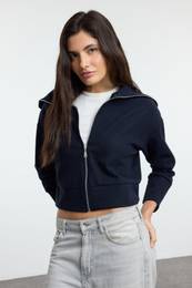 Navy Blue Regular/Normal Pattern Zippered Collar Knitted Sweatshirt