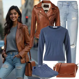 Outfit mit Braun/Schwarz Vintage Lederjacke/Leder Bomberjacke/Vintage Jacke/Lederjacke/Crop Jacke/Kurzjacke/KunstLederjacke Salsa "Freizeit Bekleidung"