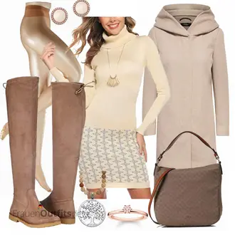 Trachten Outfit mit Beige/Braun/Khaki/Grau Kapuzenmantel/Kaschmir Mantel/Lodenmantel/Leichter Mantel/Wintermantel Wollmantel/Strickmantel/Wollfleece Mantel/Strickfleece Mantel Only "Marco Tozzi Kleid"Look: Overdressed, Smart Casual, Kuschel, Casual, Trachten, 60er, Edel, Uni, Mom, Old Money, Maritim, Moderne