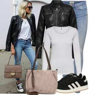 Streetwear Outfit mit Schwarz Leder Sneaker/Sneaker Low/Schmaler Sneaker/Sommer Sneaker/Vintage Sneaker Adidas Originals "Freizeit Outfit für den Frühling"Look: Sportlich, Streetwear, Rap, Casual