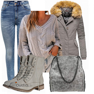Steppung Outfit mit Grau/Beige/Khaki/Dunkelgrün/Braun Leichter Mantel/Daunenmantel/Mantel mit Reißverschluss/Parka/Schmal Geschnittener Mantel/Wintermantel/Mantel mit Fellkragen MARIKOO "Herbst Outfit für den Alltag"