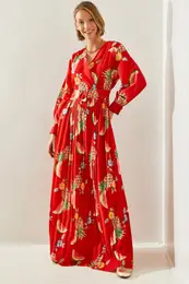 Women's Double-breasted Floral Patterned Pleated Belt Detailed Long Dress 1973