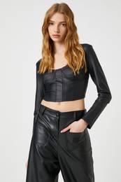 Women's Long Sleeve Square Collar Leather Look Bustier 3wal10694ik