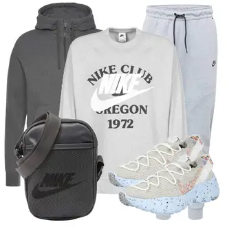 Outfit mit Grau Nike Sportswear, Grau/Hellblau/Hellgrau Jogginghose/Sporthose/Fleecehose/Jogger Hose/Trainingshose Nike Sportswear, Nike Sportswear, Sneaker Nike Sportswear, Grau/Dunkelgrau/Schwarz Tragetasche/Mannstasche Nike Sportswear "Alltagsoutfit"