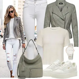 Retro Tennis Outfit mit Khaki/Beige/Grau/Hellgrau/Weiß Sommer Sneaker/Vintage Sneaker/Skateschuh/Sneaker Low/Plateau-Sneaker Puma "Modisches Frühlingsoutfit"Look: Streetwear, Esthetische, Sportlich, Classic, Retro, Casual, Skating, Tennis, Reiten