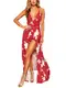 Missy Chilli Damen Sommer Partykleid Sexy Elegant V Ausschnitt Rückenfrei Neckholder Blumen Boho Chiffon Kleid Rot