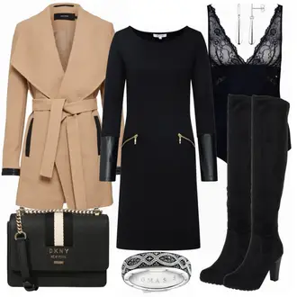 Winter Outfits mit Schwarz/Dunkelblau Midi Mantel/Mantel mit Reißverschluss/Schmal Geschnittener Mantel/Scuba-Mantel/Mantel/Tunika/Etuikleid/Kleid mit Tasche/Langärmliges Winterkleid/Langarm Etuikleid/Etuikleid mit Reißverschluss About You "Thomas Sabo style"