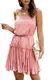 Spec4Y Sommerkleid Damen Ärmellos Blumen Strandkleid Knielang Rüschen Faltenrock Midikleid Schulterfrei Kleider mit Gürtel Rosa Medium