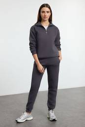 Anthracite Thick Polar Fleece Zippered Stand Collar Jogger Knitted Tracksuit