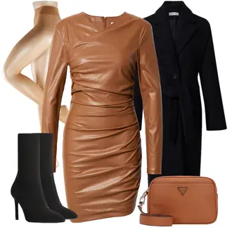 Freizeit Outfits Kate mit Braun/Grau/Beige Lederkleid katy perry exclusive for about you "Freizeit Outfit"