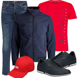 Outfit mit Blau/Hellblau/Dunkelblau Slim Fit Jeans/Herren Lederjacke/Tapered-Jeans/Biker Jeans/Winterjacke/Lederjacke/Leder Schuhe/Low Rise Jean/Thermojeans/Jeans mit Schlitz/Low Waist Jean/Vintage Jeans Only & Sons "Alltags Outfit"