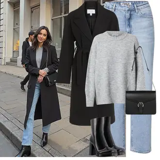 Chic Outfit sa Crna Prijelazni Kaput/Dugi kaput/Ljetni Kaput/Midi Kaput/Kaput od Kašmira/Zimski Kaput Vuneni kaput/Trenč Kaput/Vuneni Kaput/Baloner Vila "Moderan zimski outfit"Look: klasický, Francuske, Preodjeven, Chic, cool, Old Money, Sveučilišna, moderne, Ured