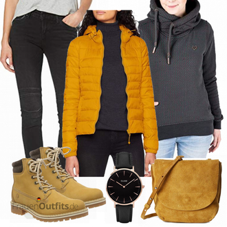 Outfit mit Schwarz/Dunkelgrau/Khaki/Dunkelgrün/Dunkelblau Low Rise Jean/Thermojeans/Leder Schuhe/Winterjacke/Lederjacke/Biker Jeans Mustang "Only Nos Mantel"