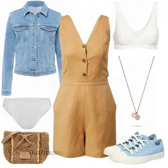 Kurz Sommer Outfit mit Gelb/Braun/Khaki/Beige Kurzer Jumpsuit/Sommer Jumpsuit/Spielanzug Edited "Sportlicher Alltagslook"