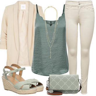 Outfit mit Beige/Weiß/Khaki Lederjacke/Biker Jeans/Jeans mit Schlitz/Low Rise Jean/Low Waist Jean/Push up Jeans/Slim Fit Jeans/Cuir Chaussures/Thermojeans Only "Sommer Look für den Alltag"