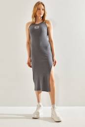 Women's Ribbed Side Slit Embroidered Dress