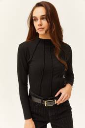 Women's Black Pieced High Neck Lycra Crop Blouse