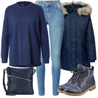 Outfit sa Plava/Tamnoplava/Svjetloplava Gležnjača na Vezanje/Ravna Gležnjača/cipela na vezanje/kožena cipela/sigurna cipela/Podstavljena Gležnjača/Kožna Jakna/Kožna gležnjača Rieker "Zimski outfit"