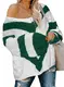 Aleumdr Pullover Damen Strickpullover Elegant Grobstrick Pullover V-Ausschnitt Lose Winterpulli mit Farbblock Damen Schulterfrei Oberteile Causal Stricksweater Festliche Pullover Oversized Grün M