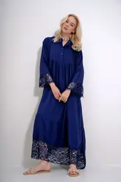Trend Alaat Stili Women's Navy Blue Collar Robe Buttoned Lace Detailed Maxiboy Dress