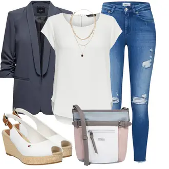 Schlichte Outfit mit Weiß/Creme/Grau Bluse Große Größe/Shirt & Top Große Größe/Tunika/Bluse/Bluse Oberteil/Lederjacke/Klassische Tunika/Elegante Tunika/Kurzarmbluse/Kurzarm-Tunika/Schlupfbluse/Tuniken-Shirt Only "Modisches Freizeit Outfit"Look: Uni, Stil, Edel, Elegant, 20er Jahre, Coole, Moderne, Schlichte