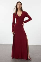 Claret Red Plain Limited Edition V Neck Skater/Waist Open Flexible Maxi Knit Dress