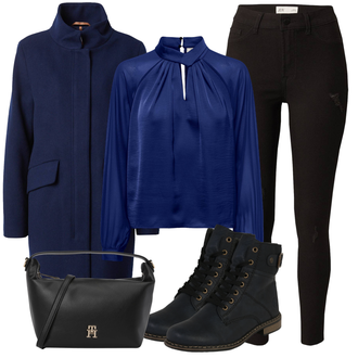 Outfit mit DunkelBlau/Blau Kaschmir Mantel/Strickfleece Mantel/Lodenmantel/Scuba-Mantel/Dreiviertellanger Mantel/Übergangsmantel/Wollfleece Mantel/Wintermantel Wollmantel ESPRIT "Elegantes Herbst Outfit"