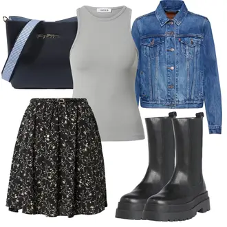 Herbst Outfit mit Pastell/Dunkelblau/Gelb Jeansjacke/60er Jahre Rock/80er Rock/90er Rock/Jeansrock/Rock Mit Blumenmuster/Lagenlook Rock/Moderne Rock/Bedruckter Rock/Vintage Jeansrock/Kurze Jeansjacke/Frühlingsjacke/Sommerjacke/Übergangsjacke/Vintage Jacke levi's ® "Freizeit Outfit"