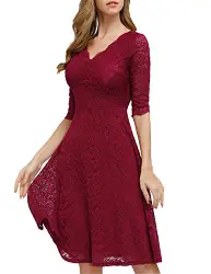 JASAMBAC Cocktailkleid für Damen, Vintage, Hochzeit, Gäste, Spitze, Midikleid, Party, weinrot, Mittel