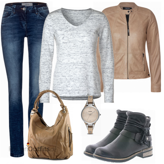 Mit Fransen Outfit mit Schwarz/Blau/Dunkelblau Sommerstiefelette/Winter Stiefelette/Lederjacke/Biker Boot/Leder Stiefelette/Gefütterte Stiefelette/Flache Stiefelette Rieker "Outfit für den Herbst"