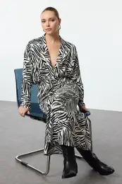 Black Animal Patterned Skirt with Gathered Detail Woven Dress