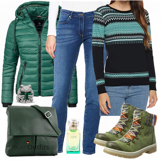 Outfit mit Grün Stiefel Rieker "Hawiton Pullover"