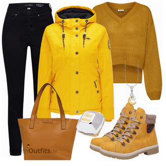 Outfit mit Gelb Stiefel Rieker "Schmuddelwedda Anorak"