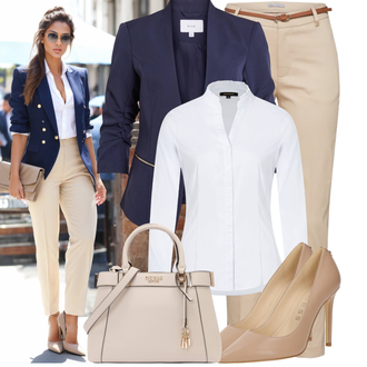 Sommer Vorstellungsgespräch Outfit mit Dunkelblau/Hellblau Mantel/Blazerjacke/Blusenblazer/Boyfriend Blazer/Lässiger Blazer/Lederjacke/Eleganter Blazer/Kurzblazer/Lederjacke für Männer Vila, Weiß/Grau/Lila Bluse und Tunika/Businesshemd/Business Hemd/Bügelfreies Hemd/Hemdbluse/Bluse Große Größe More & More, Beige/Weiß/Braun/Rosa High Heel/Business-Schuh/Bequemer Pump/Hochfrontpump/High Heel Pumps/Peeptoe/Slingback Pumps/Slingpump Guess "Stilvoller Look für die Freizeit"