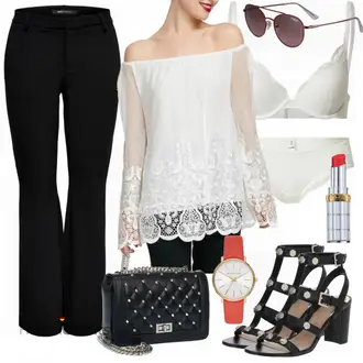 Outfit mit Weiß/Creme Hemdbluse/Musselin Hemd/Bluse mit Lochstickerei/Kinderspielzeug/Bestickte Bluse/Spitzenbluse/Spitzentunika/Langarmbluse Heine "Schickes Business Outfit"