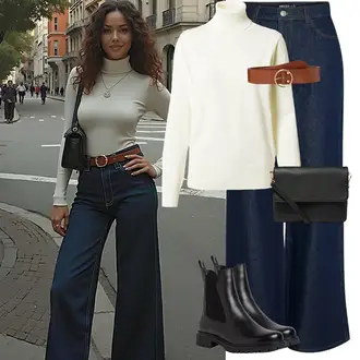 Outfit mit DunkelBlau/Blau Wide Leg Jean/Jeans-Culotte/Loose fit Jeans/Men's Leather Jacket/Schlaghose/Bootcut Pant/Carpenter Hose/Ausgestellte Hose/High Waist Hose/Marlenehose/Palazzo Hose/Hose mit Schlitz/Trachtenhose/Weite Hose Pieces "Outfit für den Winter"