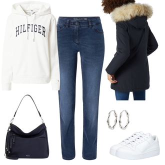 Outfit mit Blau/Hellblau/Dunkelblau Slim Fit Jeans/Sportschuhe/High Waist Jeans/Push up Jeans/Regular-Fit Jeans/Straight Leg Jean/Cuir Chaussures/Thermojeans/Winterjacke GERRY WEBER "Sportlicher Alltagslook"
