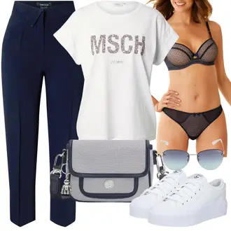 Outfit mit Dunkelblau/Blau Hose Große Größe/Business Hose/Karottenhose/Freizeithose/Anzughose/Stoffhose/High Waist Hose/Musselin Hose/Hose mit Schlitz/Paperbag Hose/Bundfaltenhose/Bundfaltenhose/Gerade Hose Karen Millen "Schoner Sommer Look"