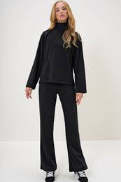 Trend Alaat Stili Women's Black Stand Collar Snap Blouse and Trouser Set