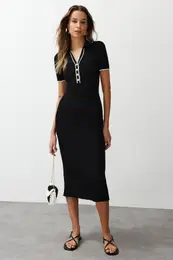 Black Midi Knitwear Polo Collar Dress